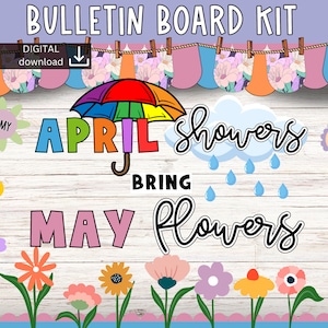 April showers Bulletin Board | May flowers door decoration | pastel classroom decor | spring bulletin board kit | flower bulletin board |