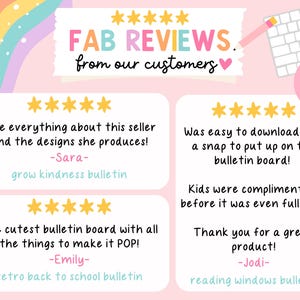 May include: A pink graphic display titled FAB REVIEWS from our customers with five yellow stars. It features three customer testimonials for bulletin board products, including text from Sara, Emily, and Jodi, alongside a rainbow and keyboard icon.
