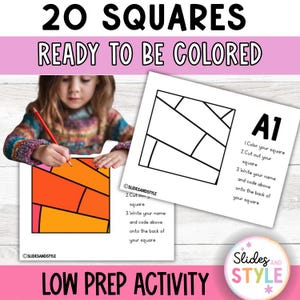 May include: A child coloring a geometric design on a white paper. The image includes the text "20 Squares Ready to be Colored" and "Low Prep Activity". Instructions are printed on the paper, including "Color your square" and "Cut out your square".
