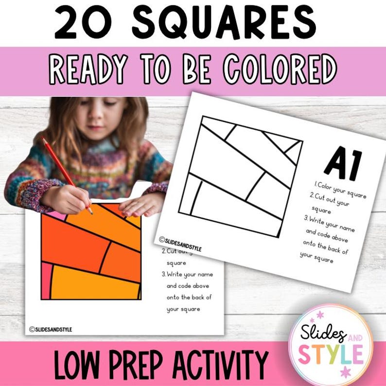 May include: A child coloring a geometric design on a white paper. The image includes the text "20 Squares Ready to be Colored" and "Low Prep Activity". Instructions are printed on the paper, including "Color your square" and "Cut out your square".