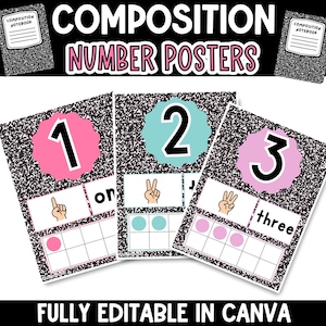 May include: Three educational posters featuring the numbers one, two, and three. Each poster has a black and white composition notebook pattern, a colorful scalloped circle with a large number, a hand showing the count, and a ten-frame grid.