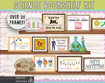 Tablón de anuncios de estantes de ciencia, Tablón de anuncios de laboratorio, Idea de decoración de puerta con citas, Clase de química, biología y física, Decoración de asignaturas escolares