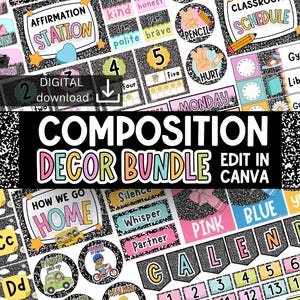 Può includere: Un set di decorazioni digitali scaricabili con uno sfondo a motivo maculato bianco e nero. La collezione include etichette per l'aula, elementi per il calendario, carte dell'alfabeto e cartelli con testo e grafiche colorate.