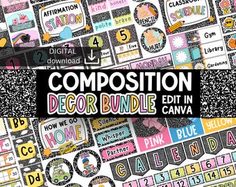 Composition Classroom Decor Bundle | Back to school printable decor | Editable Elementary composition notebook classroom | preppy decor kit
