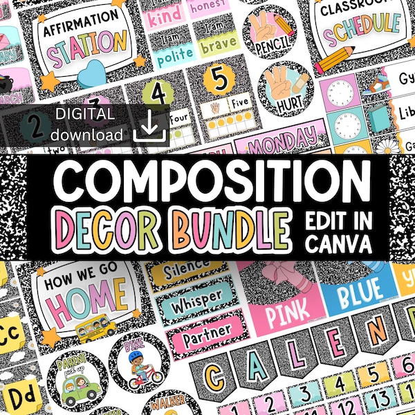 Composition Classroom Decor Bundle | Back to school printable decor | Editable Elementary composition notebook classroom | preppy decor kit