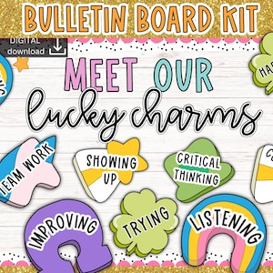 May include: A bulletin board kit with the text "Bulletin Board Kit" and "Meet Our Lucky Charms." The image features colourful, cartoon-style charms with words like "Planning," "Team Work," and "Hardwork."