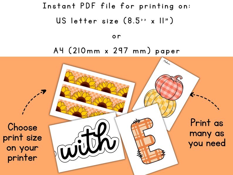 K&ouml;nnte beinhalten: Druckbare PDF-Datei mit Bildern von Sonnenblumen, K&uuml;rbissen und dem Wort "with" in handschriftlicher Form. Die PDF-Datei kann auf US-Letter-Format (8,5 Zoll x 11 Zoll) oder A4-Papier (210 mm x 297 mm) gedruckt werden.