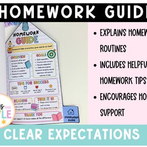 May include: A house-shaped homework guide document with colorful text and icons. The guide includes sections for overview, goals, tips for success, reading, and turn it in. The text reads Homework Guide, Explains Homework Routines, Includes Helpful Homework Tips, Encourages Home Support, and Clear Expectations.