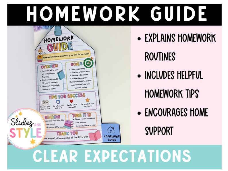 May include: A house-shaped homework guide document with colorful text and icons. The guide includes sections for overview, goals, tips for success, reading, and turn it in. The text reads Homework Guide, Explains Homework Routines, Includes Helpful Homework Tips, Encourages Home Support, and Clear Expectations.