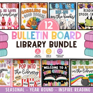 May include: A digital bundle of 12 bulletin board designs for libraries featuring seasonal themes, colorful illustrations of gnomes, turkeys, polar bears, and books, with text including Fall in Love with Reading and Gobbling Up Good Books.