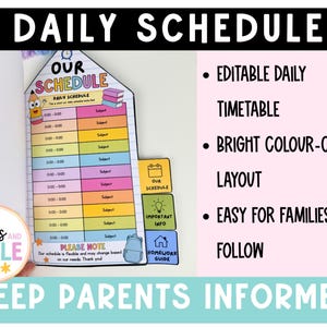 May include: A daily schedule planner with a house-shaped design, featuring a colorful, multi-row timetable, a pencil illustration, and three side tabs labeled Our Schedule, Important Info, and Homework Guide, with text reading Daily Schedule.