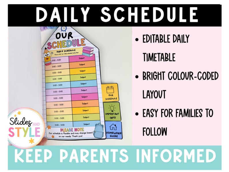 May include: A daily schedule planner with a house-shaped design, featuring a colorful, multi-row timetable, a pencil illustration, and three side tabs labeled Our Schedule, Important Info, and Homework Guide, with text reading Daily Schedule.
