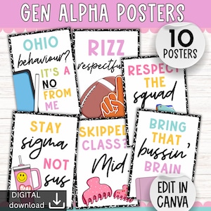 Puede incluir: Un conjunto de diez carteles con frases como "Ohio behaviour?" y "Bring that bussin' brain". Los carteles tienen un borde en blanco y negro y están disponibles como descarga digital. El texto es de varios colores.