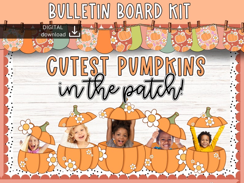 May include: A bulletin board kit with a fall theme. The kit includes a banner with pumpkins and flowers, a sign that says "Cutest Pumpkins in the Patch!" and five pumpkin cutouts with faces for students to put their heads through.