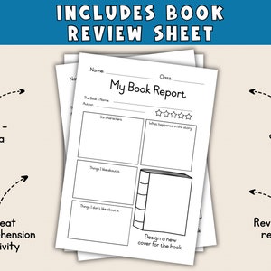 May include: Black and white printable book report worksheet with the title "My Book Report". The worksheet includes sections for the book's name, author, characters, what happened in the story, things the reader liked and disliked about the book, and a space to design a new cover for the book.