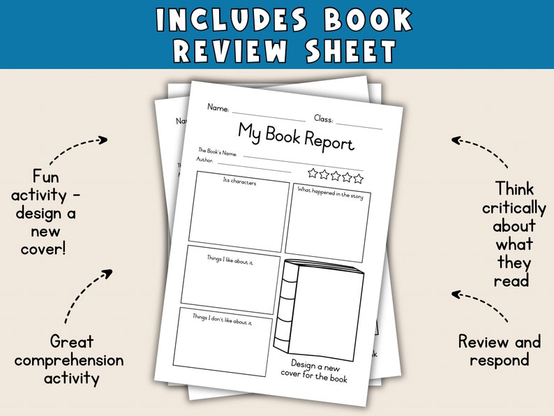 May include: Black and white printable book report worksheet with the title "My Book Report". The worksheet includes sections for the book's name, author, characters, what happened in the story, things the reader liked and disliked about the book, and a space to design a new cover for the book.