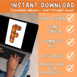 K&ouml;nnte beinhalten: Ein Laptop-Bildschirm zeigt einen digitalen Download eines karierten Buchstabens F. Der Bildschirm zeigt auch eine Liste der Vorteile des Downloads, darunter "Fun Design", "Time Saver", "Complete Kit", "Re-Usable" und "Parent and Kid Approved!"