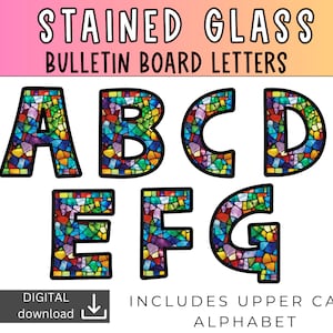 Tablón de anuncios del alfabeto / alfabeto de vidrieras / decoración colorida del aula / letras del arco iris / primaria / exhibición sagrada / letras de la iglesia