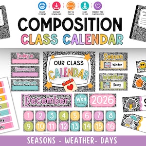 Könnte beinhalten: Ein digitales Klassenzimmer-Kalender-Set mit einem schwarz-weiß gesprenkelten Notizbuch-Design. Enthält Überschriften für Heute, Morgen, Gestern, Jahreszeit und Wetter sowie einen Kalender für Dezember 2026 und bunte, bleistiftförmige Tagesetiketten.