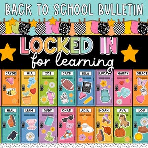 May include: A colorful back-to-school bulletin board with the text "BACK TO SCHOOL BULLETIN" and "LOCKED IN for learning." It features illustrated lockers with names and various stickers, including stars, hearts, and a football.