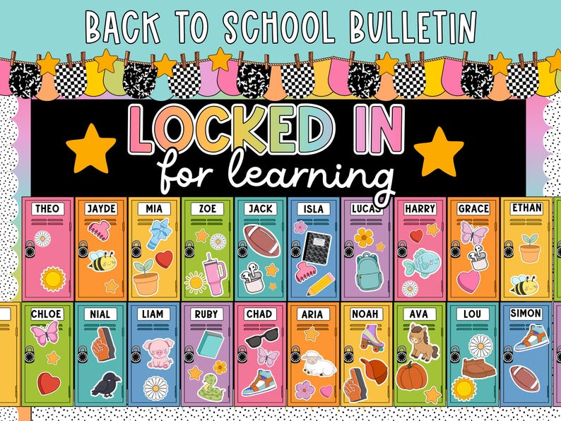 May include: A colorful back-to-school bulletin board with the text "BACK TO SCHOOL BULLETIN" and "LOCKED IN for learning." It features illustrated lockers with names and various stickers, including stars, hearts, and a football.