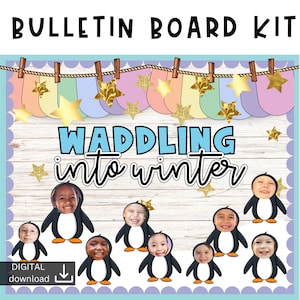 Christmas bulletin board | children’s faces Decor | winter Bulletin Board | penguin classroom | printable classroom decor | holiday festive