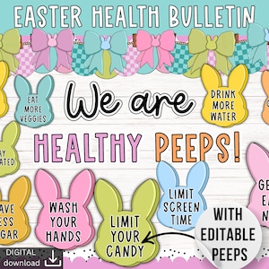 May include: A colorful printable bulletin board set with the text "We are Healthy Peeps!" and a variety of Easter-themed bunny illustrations with health tips, such as "Start a new hobby", "Eat more veggies", "Drink more water", "Get some fresh air", "Stay hydrated", "Have less sugar", "Wash your hands", "Limit your candy", "Limit screen time", "Get an early night".
