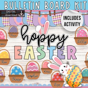 April bulletin board | Easter Bulletin Board | Bunny classroom decor | easy bulletin board | Easter egg activity | Easter door decor