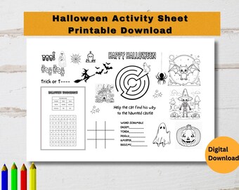 May include: Black and white printable Halloween activity sheet with a maze, word scramble, and other activities. The sheet includes the text "Happy Halloween" and "Trick or Treat".