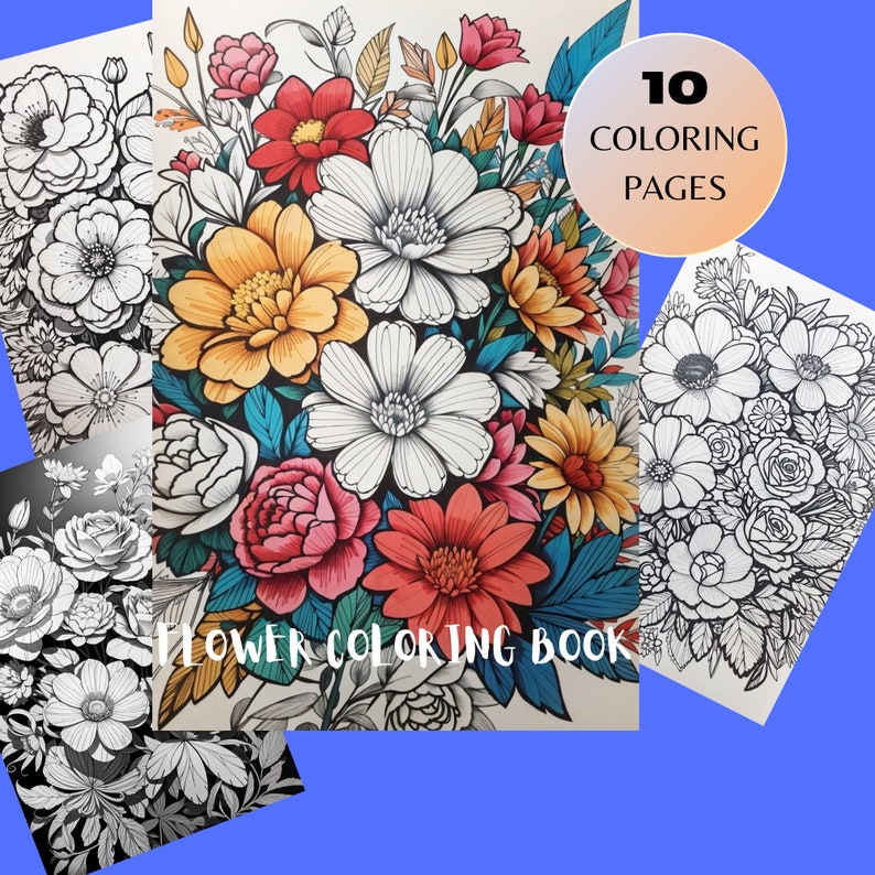 Coloring Pages: 10 Flower Coloring Pages - Etsy