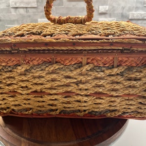 Antique wicker sewing basket with red silk lining image 5