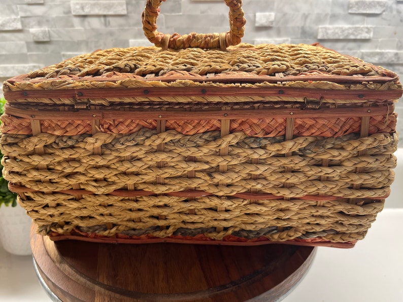 Antique wicker sewing basket with red silk lining image 5