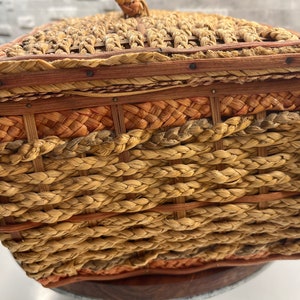 Antique wicker sewing basket with red silk lining image 4