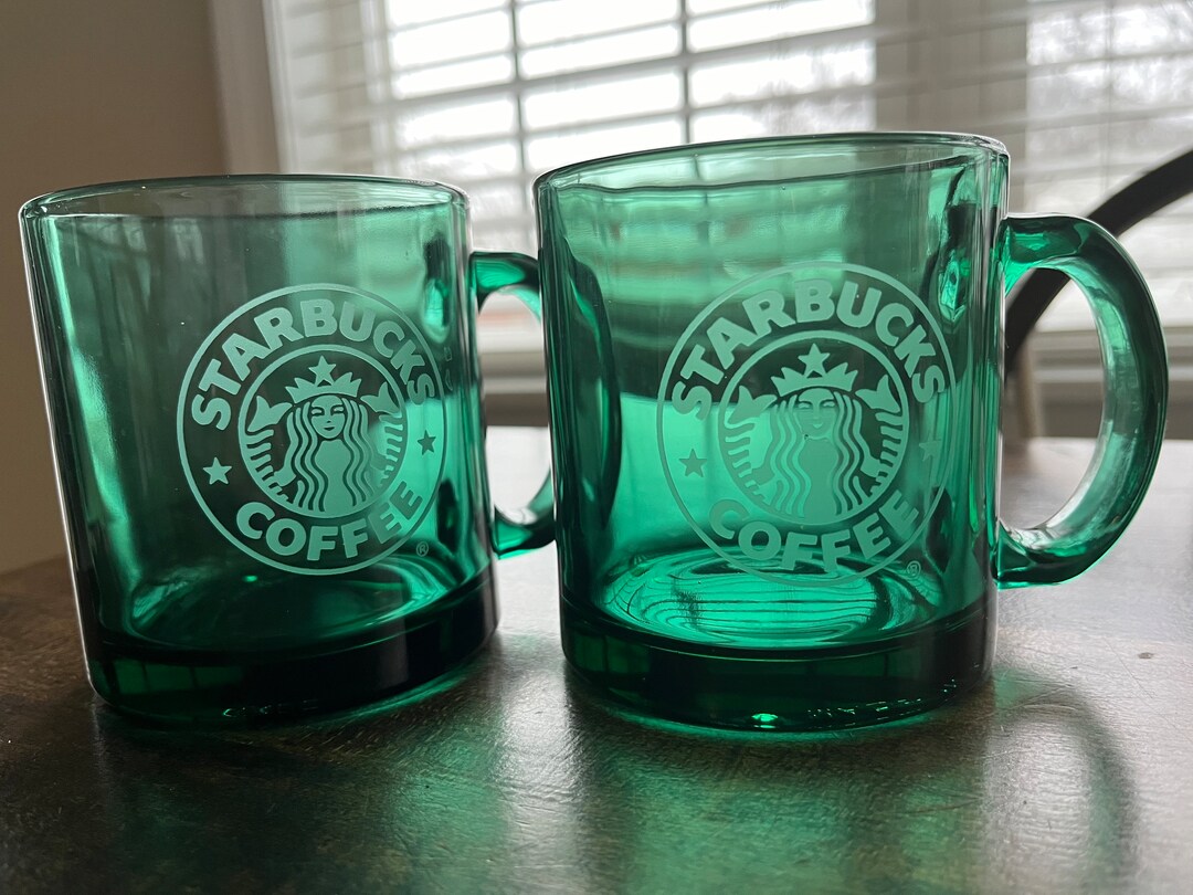 Vintage Starbucks 90s Dark Green Glass Mugs Made in USA Etched Logo 12oz Set of 2 Etsy