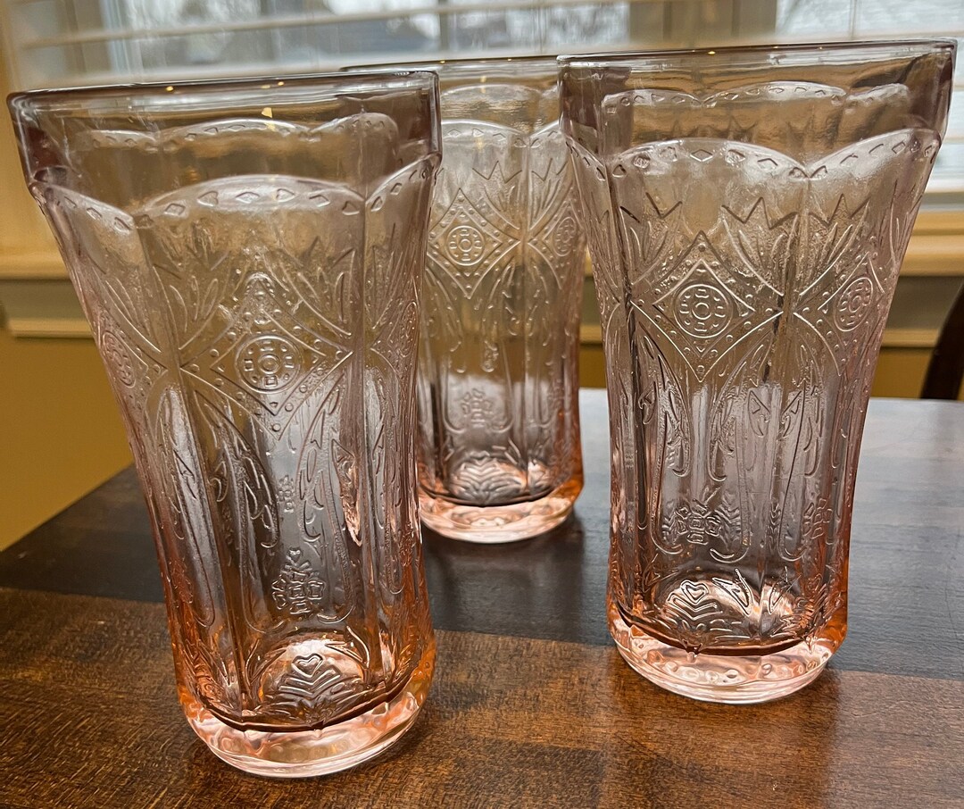 Vintage Pink Set of 3 Drinking Glasses Flat Tumbler Recollection Clear