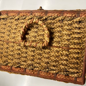 Antique wicker sewing basket with red silk lining image 7