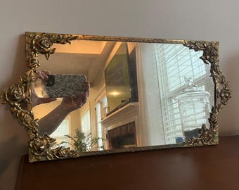 Vintage Ornate Brass Dresser Vanity Mirrored Tray. Rich Gilded Metal Tea Rose