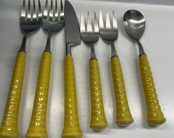 Noritake Primastone Flatware Yellow Ceramic handles Set 2 Forks 1 Knife 1Spoon 2 Salad forks 6 pieces