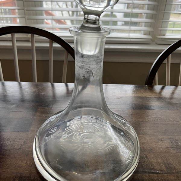 Vintage Ship Captains’ Liquor or Wine Decanter with etched ship and Round glass stopper.