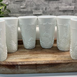Set of 6 Indiana Milk Glass Coolers Tumblers highballs Colony Harvest Embossed Grapes; wedding vases, table decor