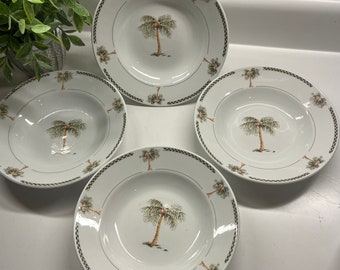 Set of 4 Discontinued Gibson Bahama 9" Rimmed Soup Bowls ~ Palm Tree Dinnerware