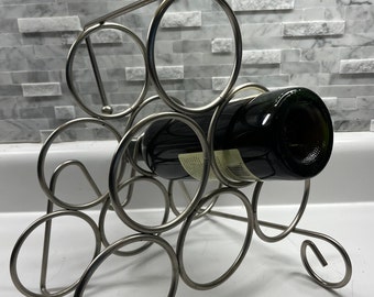 Six Bottle Mid Century Style Metal Wine Rack with handle - Brushed Nickel Finish.