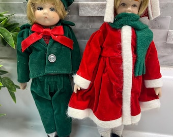 Vintage Porcelain Head Doll Ornaments - Ice Skaters, Christmas Holiday Decor (Set of 2)