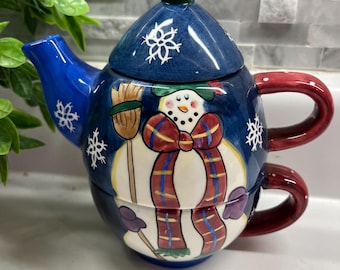 Bella Casa By Ganz 3 pc. Stackable Snowman Ceramic Teapot for One, Lid & Cup