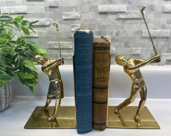 Vintage Gatco Co. Solid Brass Man Woman Golfers In Action Book Ends Rare Made in Taiwan