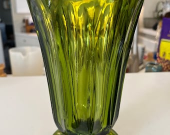 Vintage Fairfield Pattern Avocado Green Vintage Glass Footed Vase with Scalloped edge