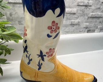 Vintage ceramic white and blue floral cowboy boot planter or vase