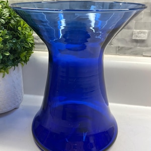 Vintage cobalt blue flared wide mouth vase 8” tall. Handblown in Spain