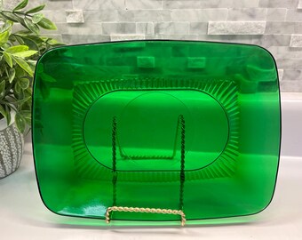 Forest Green Platter - Charm by Anchor Hocking - 10 3/4 Inch Rectangular Serving Platter -Vintage Mid Century Green Glass Dinnerware