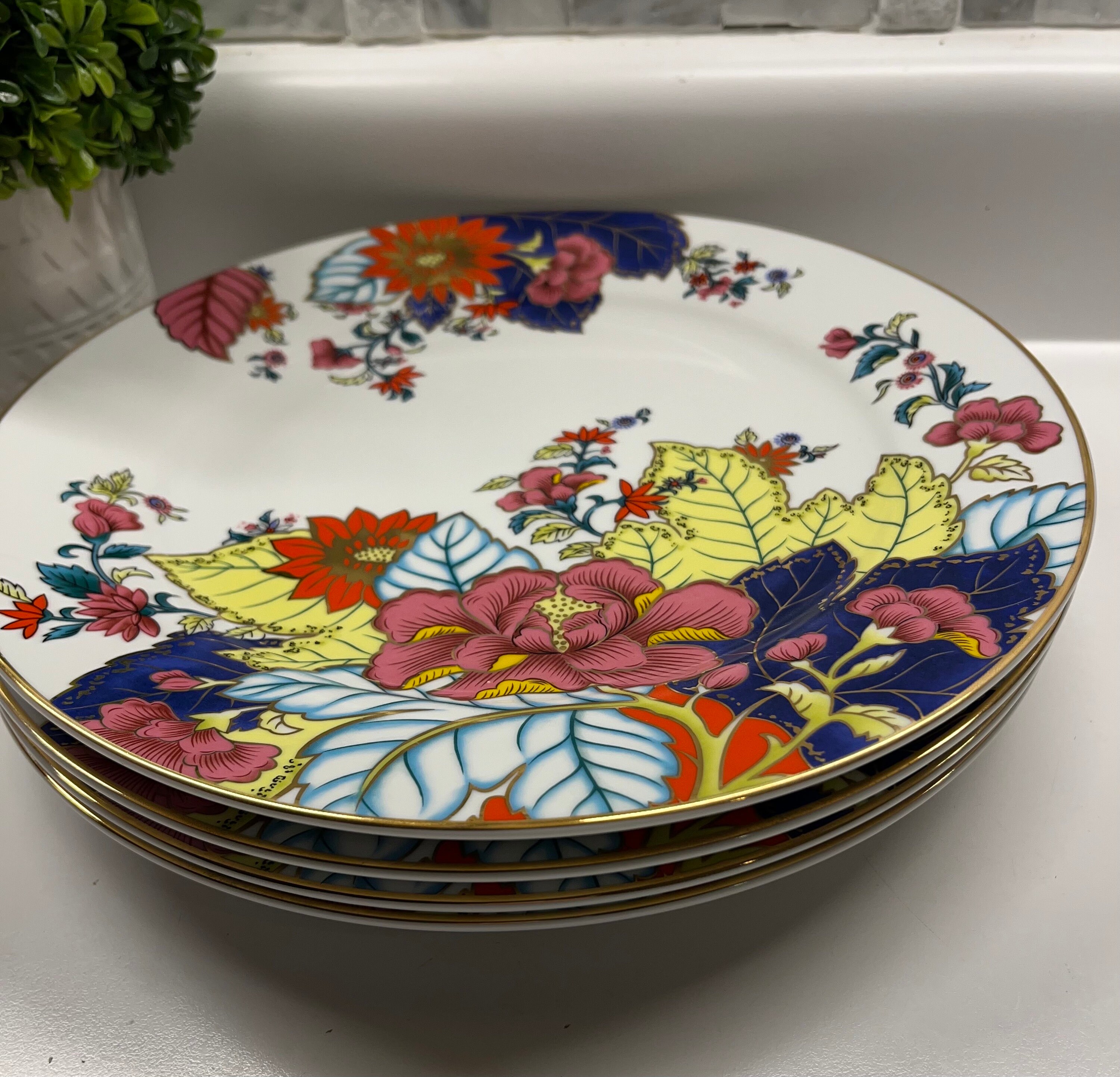 Vintage Horchow Imperial Leaf China Set of 4 Dinner Plates 10.75” Tobacco  Leaf China